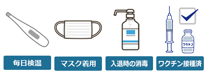毎日検温、マスク着用、入退時の消毒、ワクチン接種済み